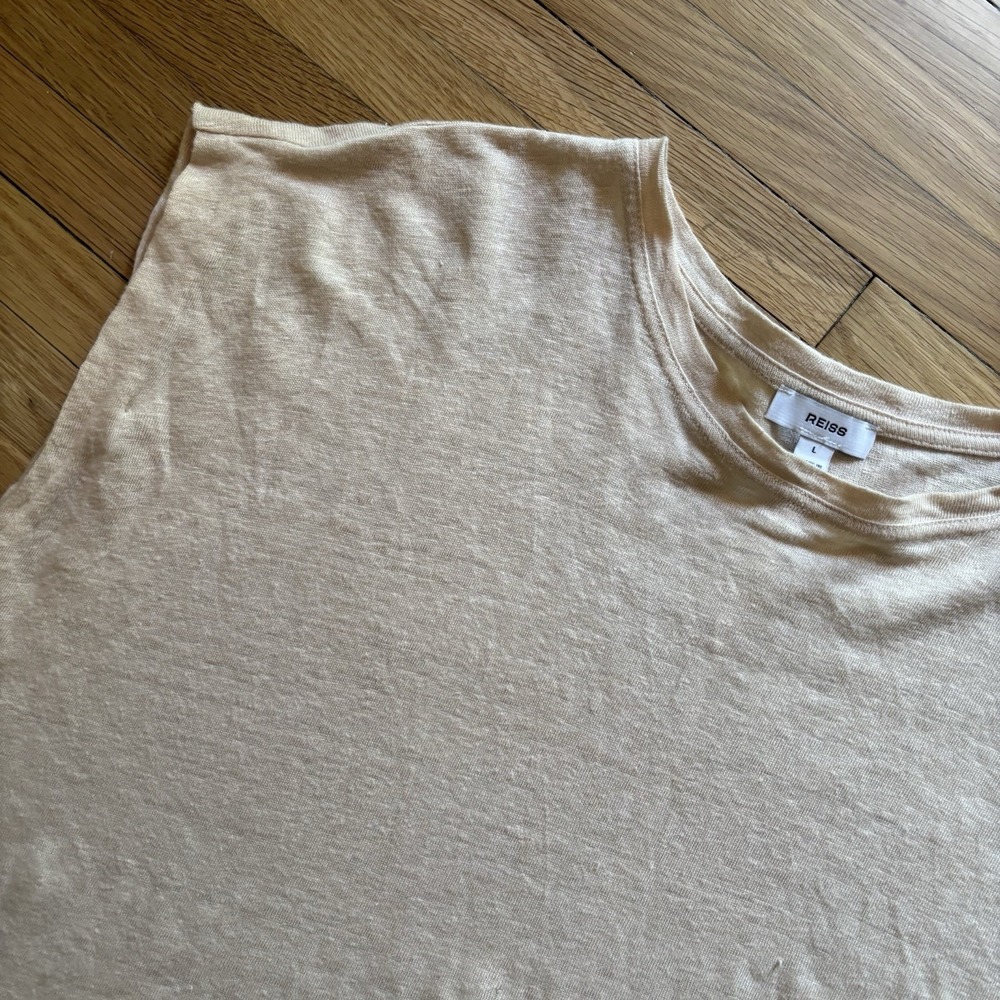 Reiss Mara Sleeveless 100% Linen T-shirt Women Large Lagenlook Tan Minimalist